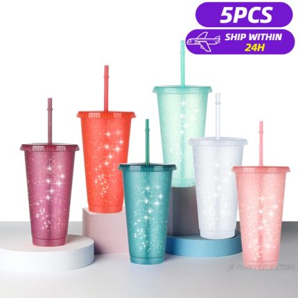 5-piece sparkling water bottle set for girls – reusable and portable tumblers with straws for coffee, water, and more