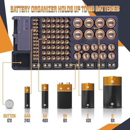 Hfes battery storage organizer holder w/tester battery caddy rack case box holders including battery checker for aaa aa c d 9v