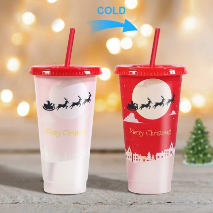 Color changing christmas cold cup – 700ml tumbler with straw and lid for coffee, milk, and more