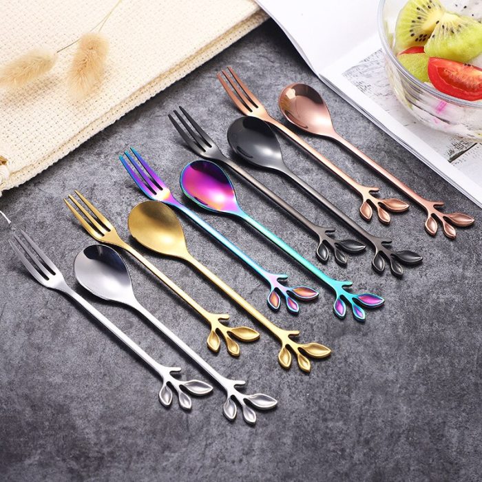Set of 8 mini leaf coffee spoons and dessert forks – stainless steel tableware for stirring, ice cream, and more, perfect christmas gift