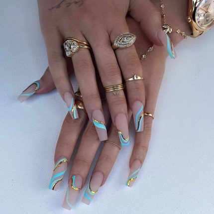 Gold line wave pattern long ballet nail printed gold frosted manicure ins matte pop style contrast color wearing nail