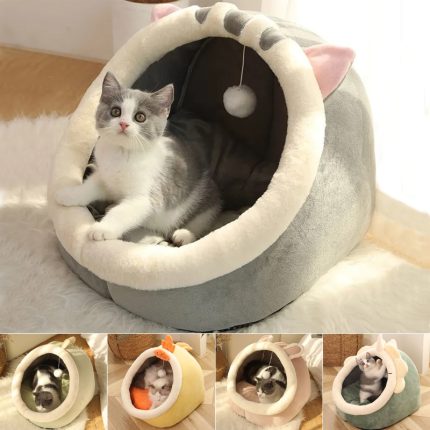 Round pet bed with cozy sleeping cave – nest for cats, kittens, and small dogs, cushioned lounger with tent-like design
