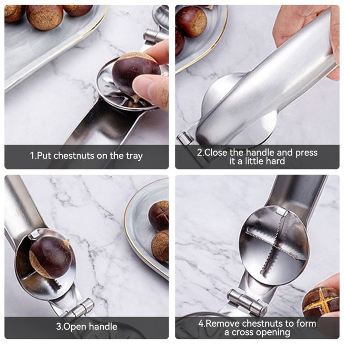 Stainless steel chestnut clip nutcracker – essential kitchen gadget for opening and peeling chestnuts, walnuts, and other nuts