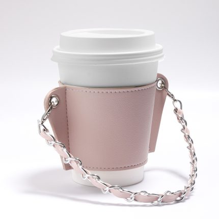 Fashionable leather portable coffee cup and water bottle holder with eco-friendly chain – perfect for traveling