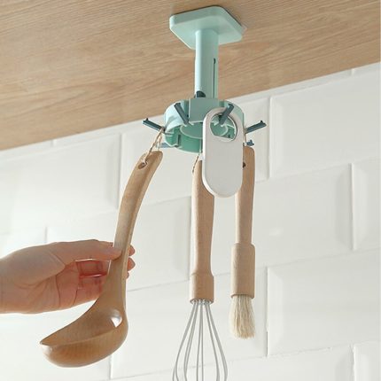 Rotating kitchen hooks – self-adhesive 6-hook organizer for cabinets and walls – perfect for kitchenware hanging and storage