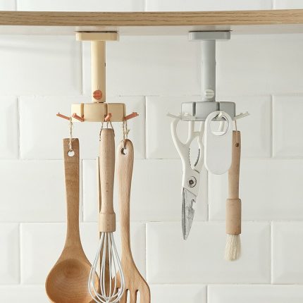 Rotating kitchen hooks – self-adhesive 6-hook organizer for cabinets and walls – perfect for kitchenware hanging and storage