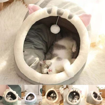 Comfy cat bed with plush pad, hanging toy, and semi-enclosed villa – four season comfort