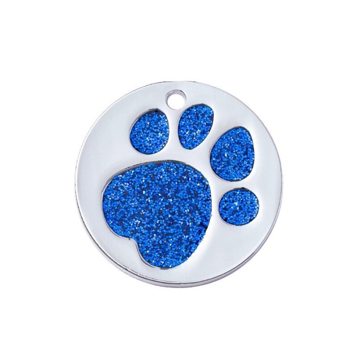 Paw print round stainless steel pet tag for dogs and cats personalized with 4 lines of custom engraved id solid enameled color
