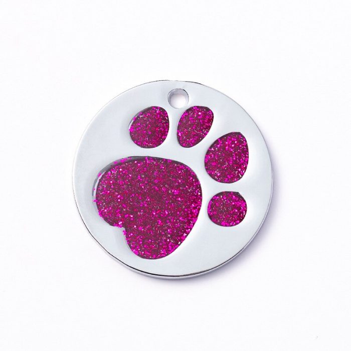 Paw print round stainless steel pet tag for dogs and cats personalized with 4 lines of custom engraved id solid enameled color