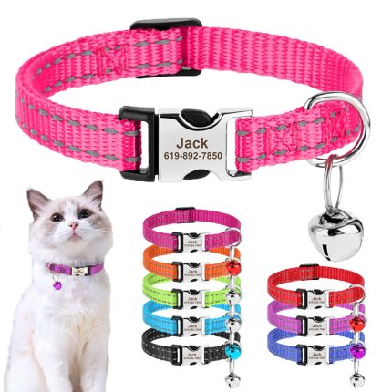 Personalized reflective nylon cat and small dog collar with bell and free engraving – available in 10 colors