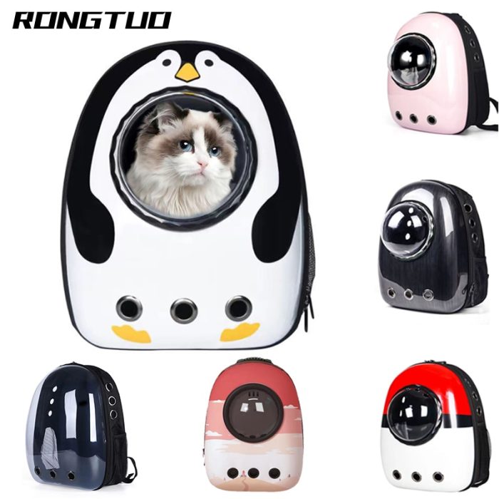 Breathable cat backpack carrier for outdoor travel – space capsule design with portable cage and essential cat accessories