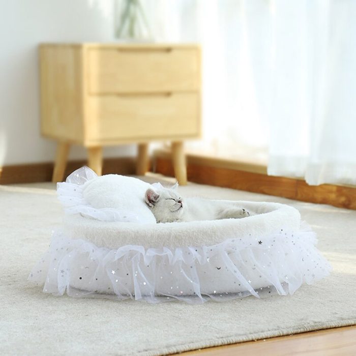 Princess cat bed soft lace pet sleeping bed for cats kitten puppy sofa warm round pet nest with pillow cushion cat accessories