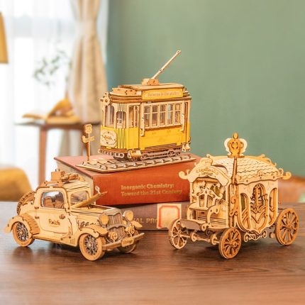 Robotime diy 3d wooden model building kits – 3 kinds of transportation, vintage car, tramcar, and carriage, perfect toy gift for children and adults