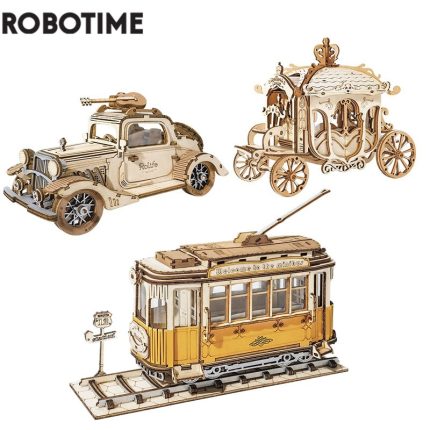 Robotime diy 3d wooden model building kits – 3 kinds of transportation, vintage car, tramcar, and carriage, perfect toy gift for children and adults