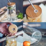 Can-shaped glass cups with bamboo lid and straw – perfect for your favorite drinks