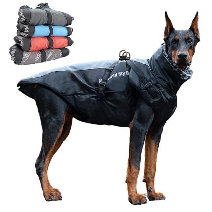 Waterproof winter dog coat with harness – warm and furry collar for large dogs, perfect for labrador, bulldog and more