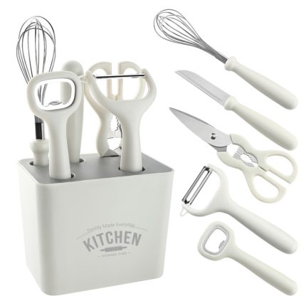6-piece white kitchen gadget set with holder