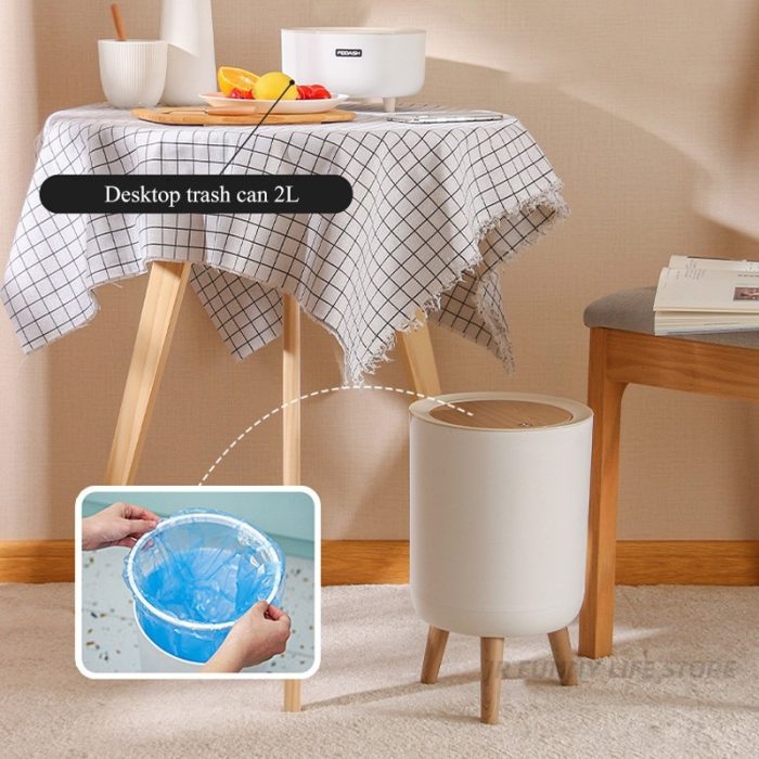 Wooden press-top trash can – stylish & hygienic home wastebin