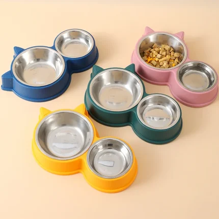 New Puppy and Kitten Feeding Supplies, Stainless Steel Pet Drinking Dish with Two Bowls for Food and Water