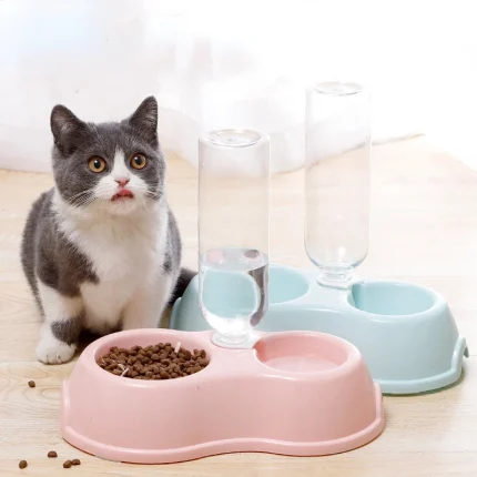 Simple Style Automatic Feeder Drinker, Double Bowl Pet Bowl with Solid Color Design, Ideal for Dogs and Cats