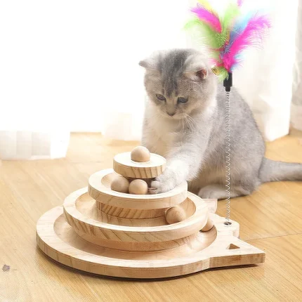 Triple Play Disc Tower: Wooden Cat Toy with 2/3 Levels for Intelligence Training and Amusement