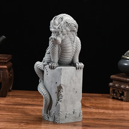 Panlong's Pride, Chinese Dragon Desktop Paperweight Crafted from Cement