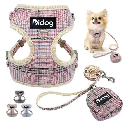 Pet Walk Mesh Harness & Leash Set: Stylish Plaid Design with Snack Bag for Small Dogs & Cats