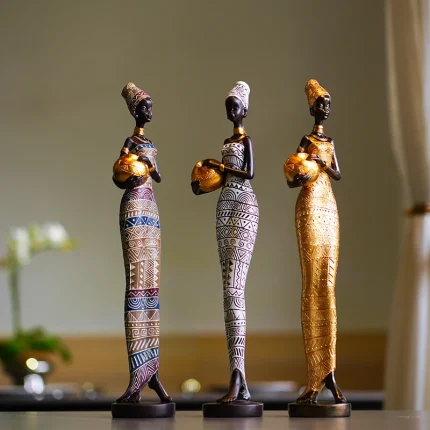 Black Resin Retro African Women with Pottery Figurines - Home & Desktop Decor