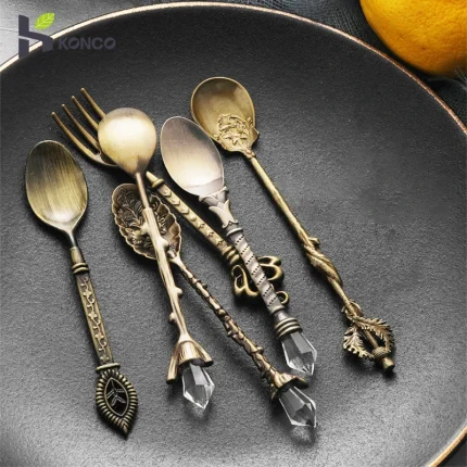 Vintage Gold Carved Cutlery Set for Coffee and Dessert