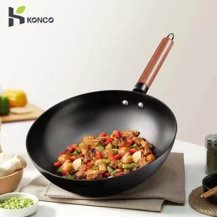Handmade Iron Wok with Wooden Handle for Cooking